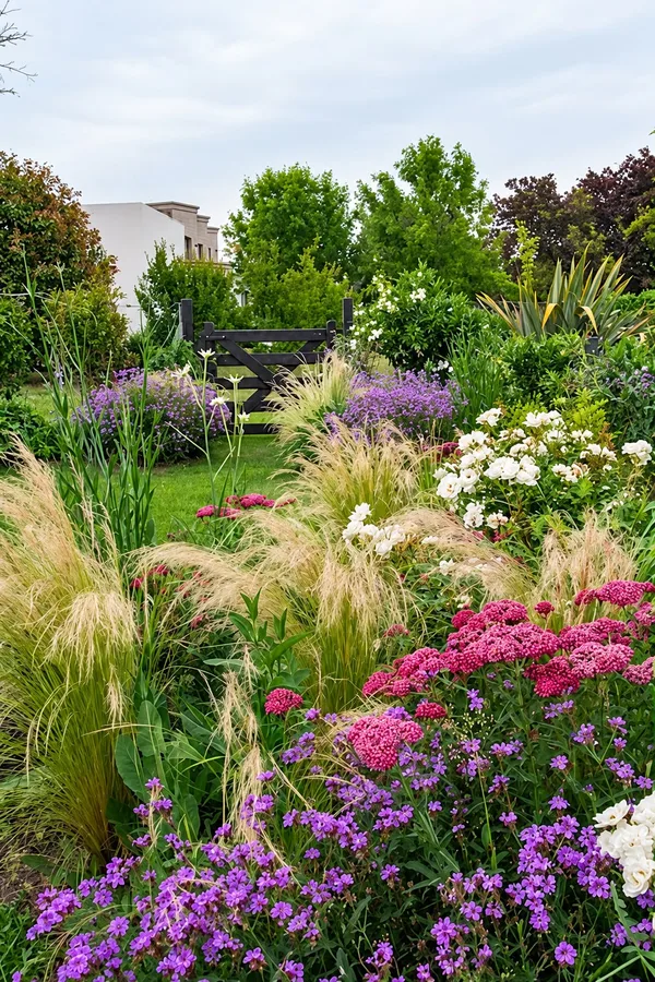 Pradera de gramíneas y flores violetas, rosadas y blancas